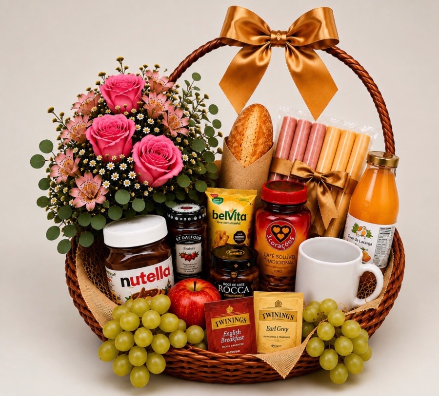Cesta de Café da Manhã com Flores