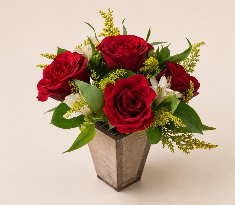 Arranjo Rosas Colombianas no Cachepô de Madeira
