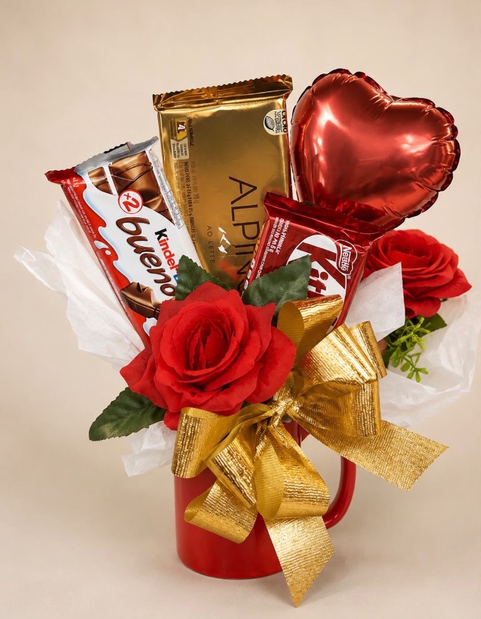 Caneca com Chocolates e Rosa