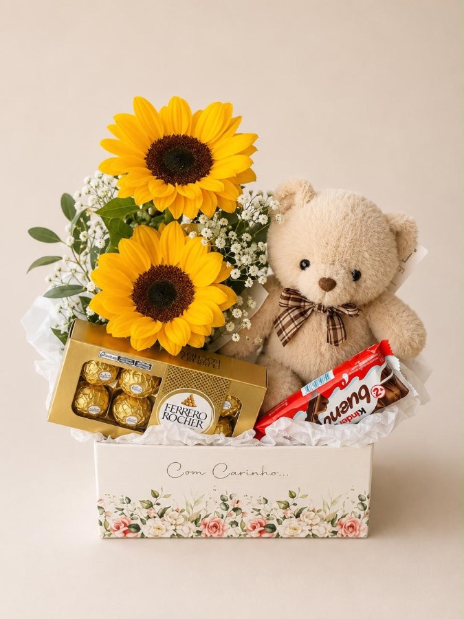 Cesta com Arranjo de 2 Girassóis com Pelúcia, Kinder Bueno e Ferrero