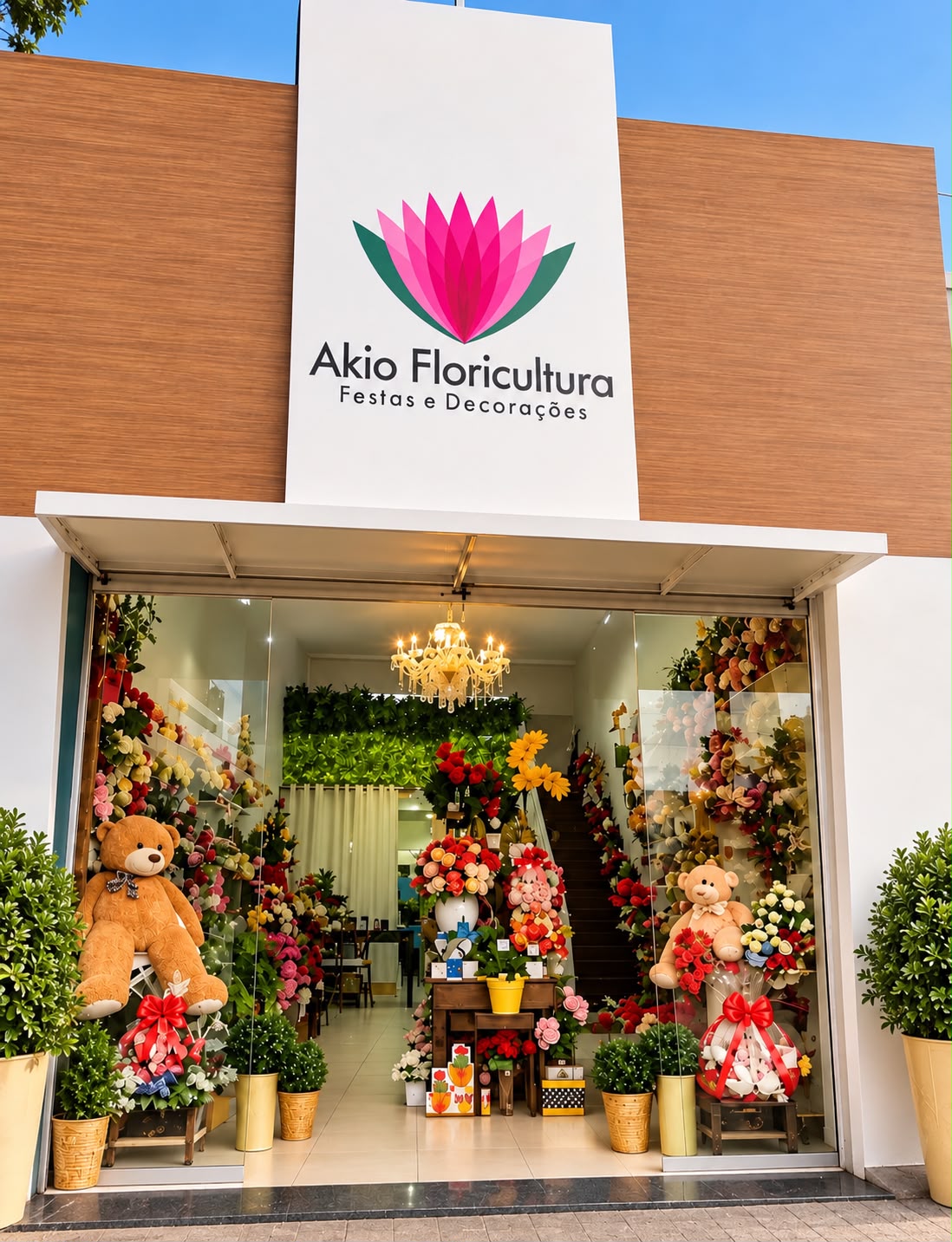 Fachada da loja Akio Floricultura, com a entrada aberta e arranjos de flores à mostra