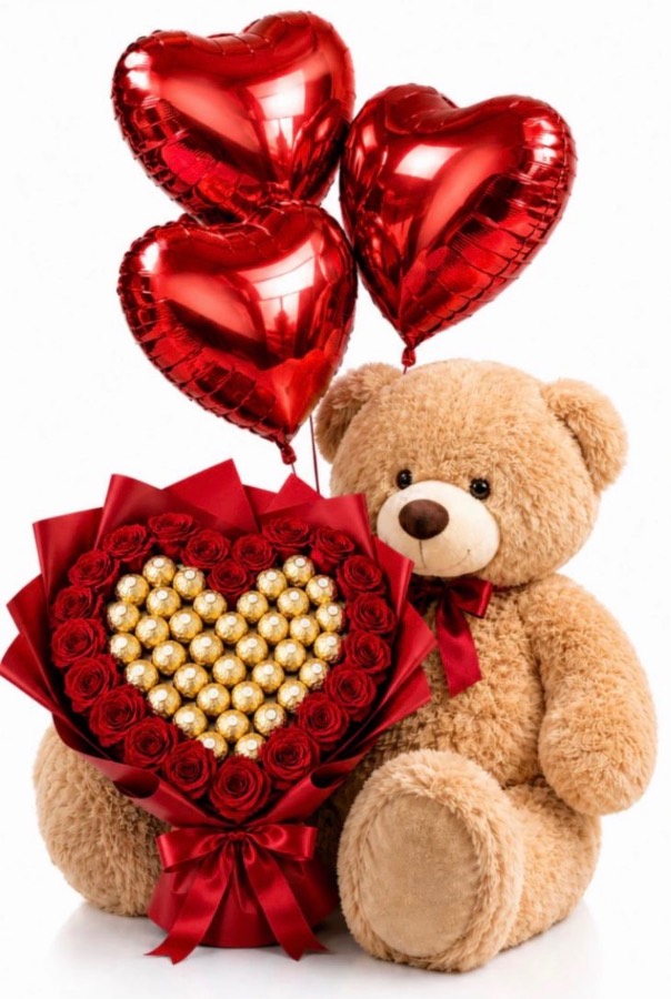Ursao Gigante com Mega Buquê de Coração de Rosas Vermelhas Colombianas + Coração de Ferrero + 3 Balões de Coração