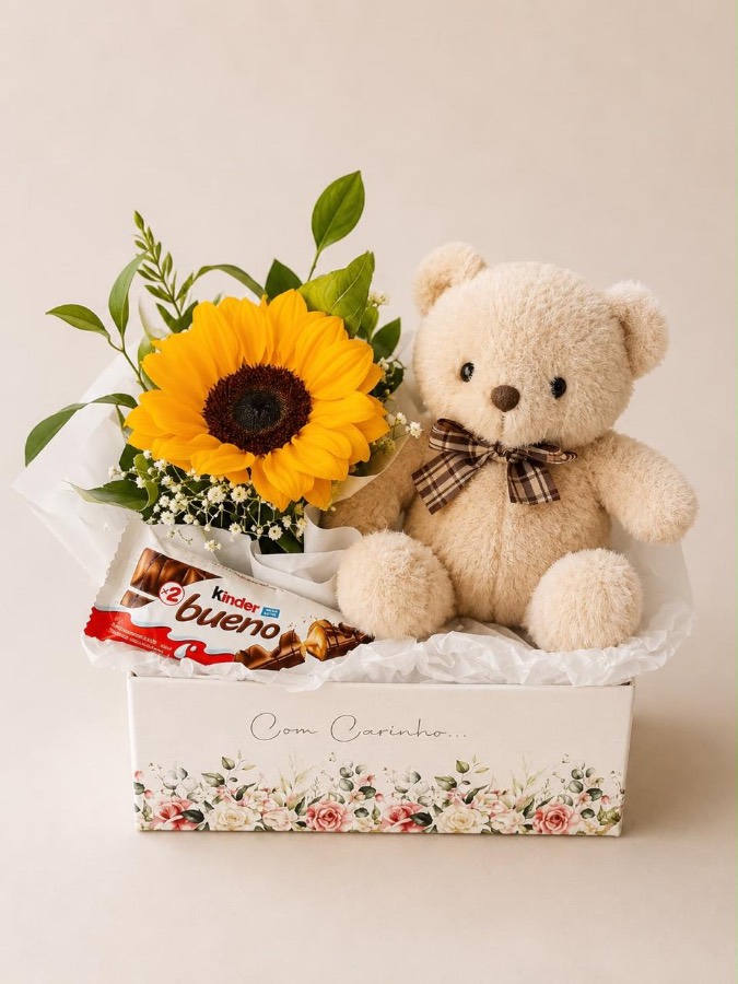 Cesta 1 Girassol com Pelúcia e Kinder Bueno