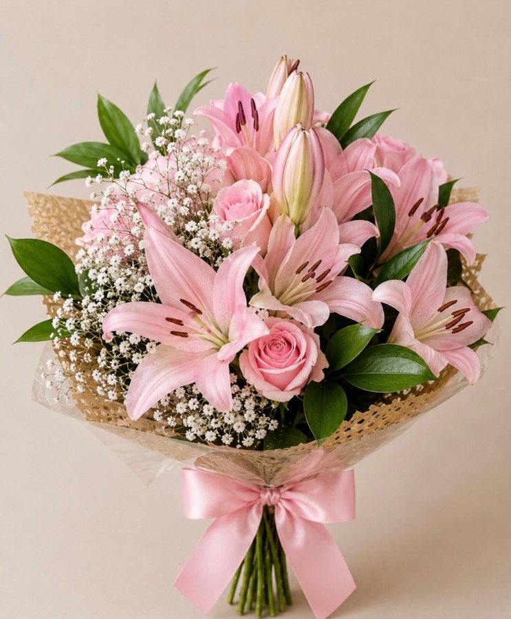 Buquê Lírio Rosa com Rosas Cor de Rosa